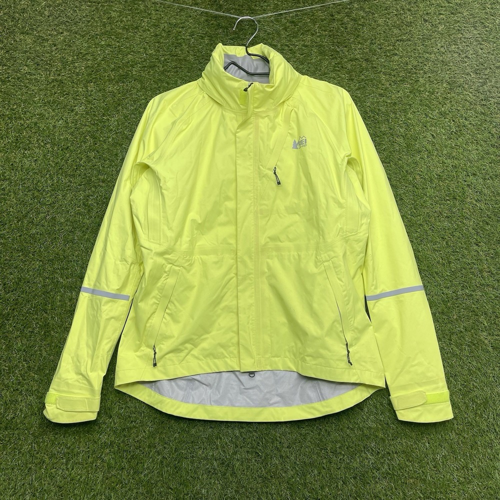 REI Co-op Jacket Womens Large Yellow Peak Hooded Waterproof Rain Shell HiViz